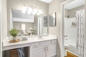 Thumbnail 5 of 16 - Affinitee at Stone Mountain Apartments photo of a bathroom with a large mirror and a sink