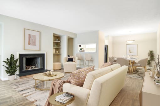 Affinitee at Stone Mountain Apartments photo of a living room with a couch and a fireplace